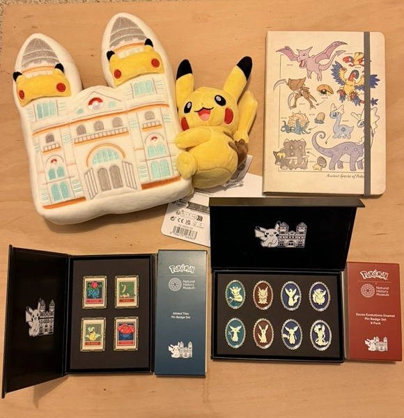 Natural History Museum Pokemon Bundle Pikachu Plush, Badge sets, fossil notebook