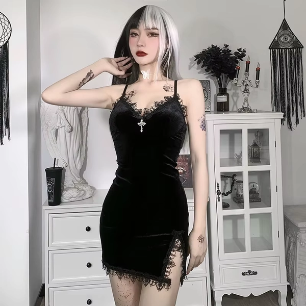 Dark Cross Black Mini Dress Vintage Spaghetti Strap High Waist Slit Dresses Goth Party Club Women Dress - AliExpress 200000345