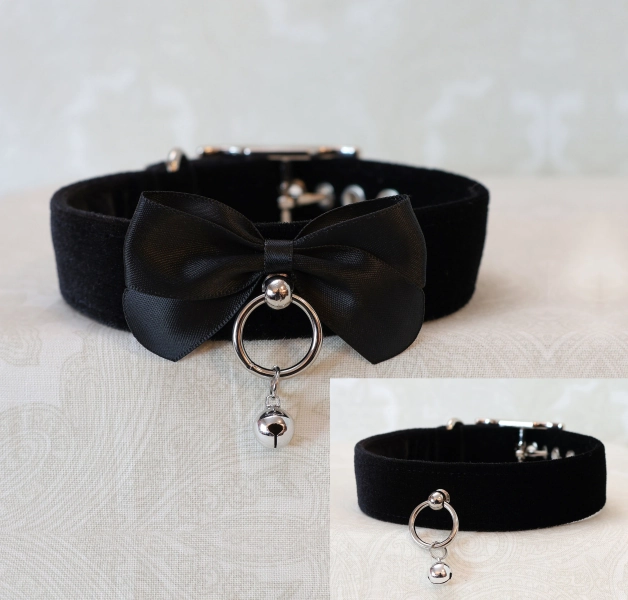 1" Black and Silver Buckling Luxe Velvet Puppy Kitten Collar | Kittenplay Petplay Gear bble7