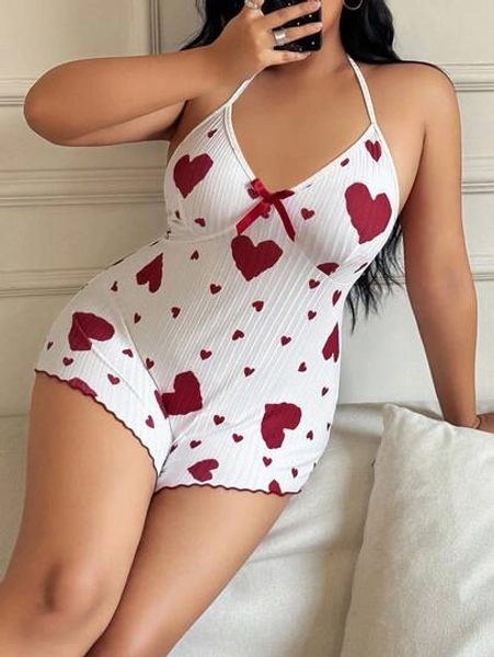 SHEIN ZzzCrew Plus Size Women Deep V-Neck Heart Print Halter Jumpsuit Sleepwear