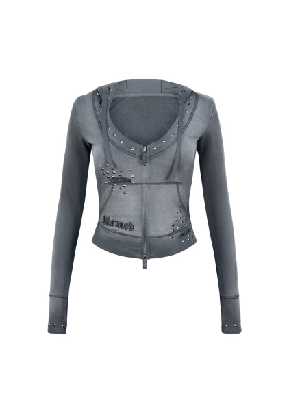 SHADOW STUDDED FITTED HOODIE WASHED GREY