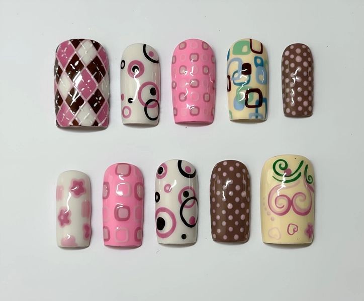 Retro Y2K 2000s Style Press on Nails, Pink Brown Abstract Pattern Set With Checkerboard Floral Polka Dot Swirl, Glossy Short Square Nail Art - Etsy