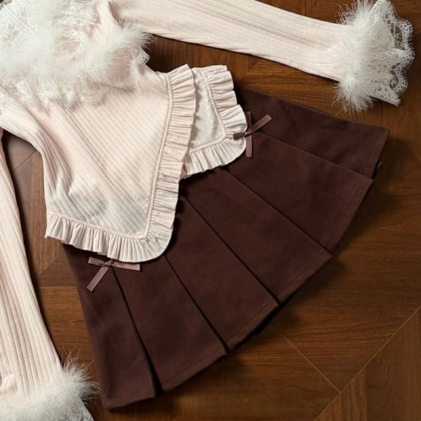 [$42.00]Brown Jirai Kei Bow Decor Pleated Skirt