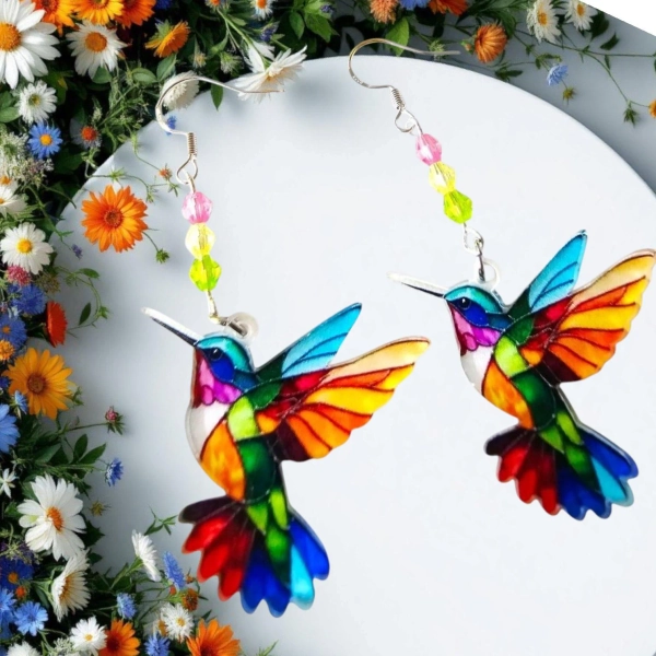 Stained Glass Hummingbird Earrings. Hummingbird Necklace. Acrylic Bird Jewelry