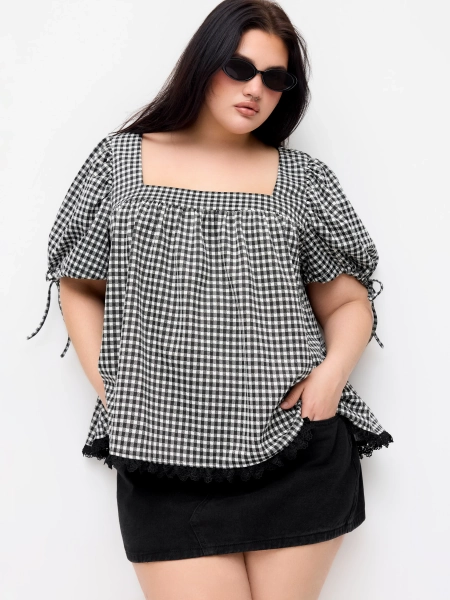 Gingham Square Neck Puff Sleeve Drawstring Blouse Curve & Plus