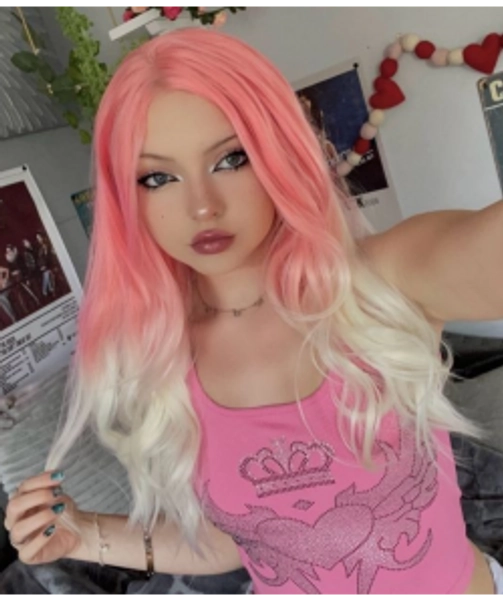 Blush Pearl | Pink Ombre White Long Wavy Synthetic Lace Front Wig - UniWigs ® Official Site