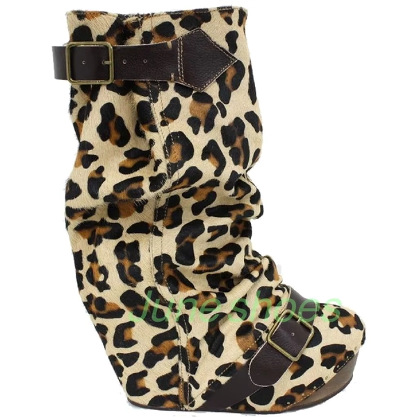Lady Leopard Printe Platform Wedges Heel Boots Sexy Runway Fall Dress New Arrive Boots Buckle Strap Calf Vintage Boots Size 46 - AliExpress 
