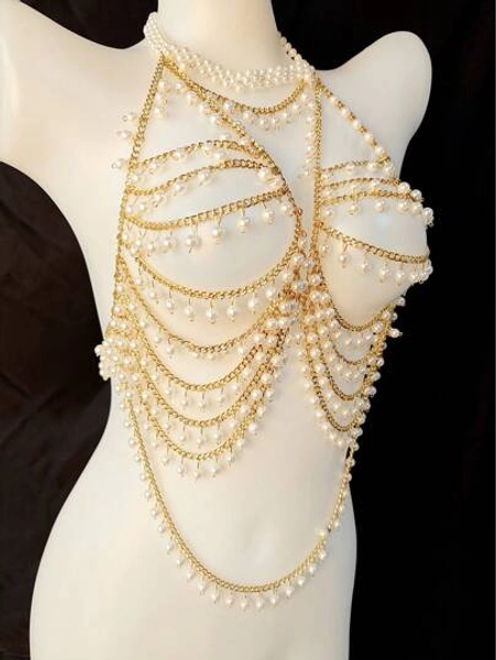 PAFAHE Unisex Body Chain, Couples Sexy Accessories, Sexy Pearl Locking Lingerie, Alluring Exotic Transparent Decorative Bra For Women, Rave