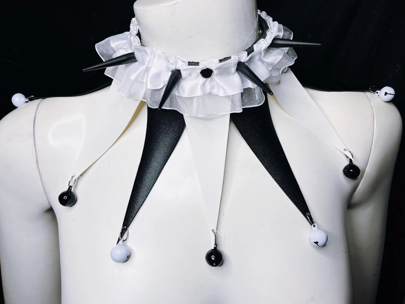 Black Leather Jester Choker: Spikes, Bells, White Ruffle - Clowncore MADE TO ORDER