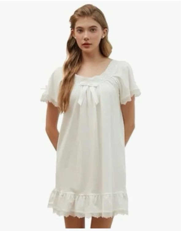 Nanxson Cotton Nightgown for Women Short Sleeve Princess Nightdress Victorian Sleepwear Lace Ruffled Nightdresses with Bow, White, S : Amazon.nl: Fashion