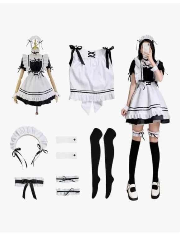 MeYuxg Maid Outfit, Anime French Maid Dress, Halloween Costume Women, Cute Maid Cosplay Dress, Maid Costume with Apron, Leg Rings, Black Stockings : Amazon.nl: Fashion