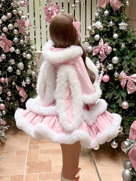 Pink Sweet Winter Lolita Hooded Cape with Oversized Plush Bunny Ears