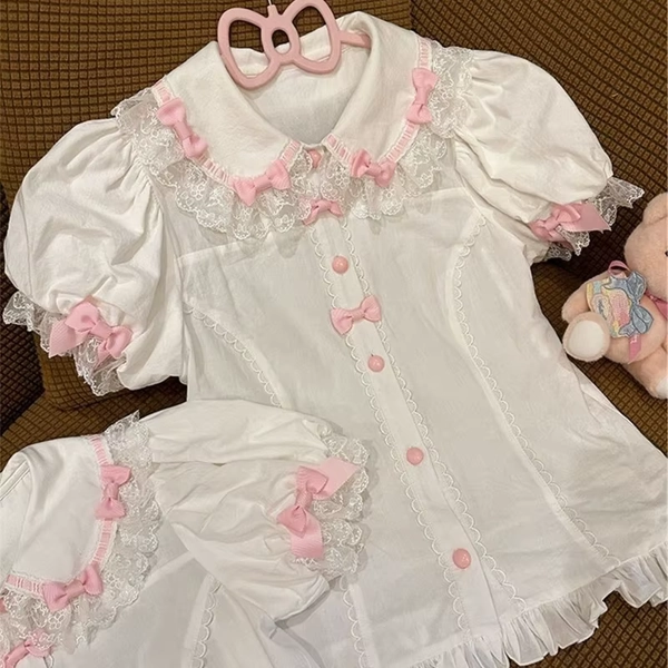 Japanese Cute Lolita Blouses Women Kawaii All-match Peter Pan Collar Summer Shirt Tops Girls Sweet Puff Sleeve Chic Blouse - AliExpress 200000345