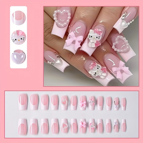 Sanrio Hello Kitty Press on Nails - 24pcs Medium Coffin False Nails with Pink Bow And White Heart Gems | Cute Pink Fake Nails for Women | Nail Tips for Nail Art