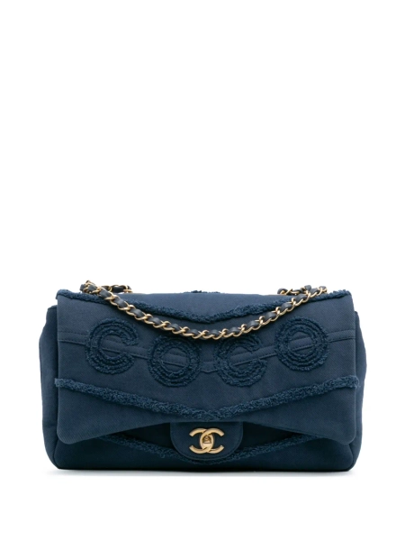 CHANEL Pre-Owned 2019 Jumbo Chevron Denim Fringe Coco Flap crossbody bag | One Size