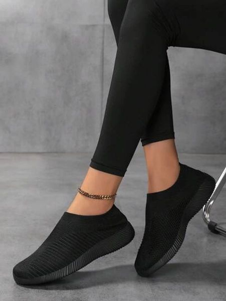 Women's Breathable Lightweight Knitted Casual Flat Loafers, Easy Slip-On And Comfortable, Black, For Walking Shoes For Women