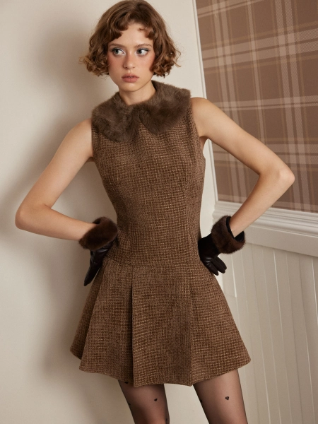 Jacquard Faux Fur Peter Pan Collar Pleated Mini Dress