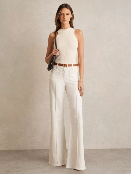 Reiss Sakura Patch Pocket Pintuck Flared Jeans, Ecru