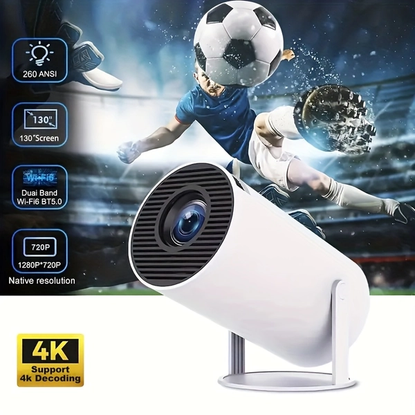 The New HY300 Pro Portable Projector, A White Mini Projector - Native Resolution 1280*720P, Supports 4K Decoding, 260ANS, Comes with WiFi 6 And Wireless 5.0, Can Rotate 180°, Operates On Android 11.0, And Can Be Connected to Mobile Phones And Computers, Meeting Your Needs for Watching Football And Other Matches. The Perfect Birthday/holiday Gift.