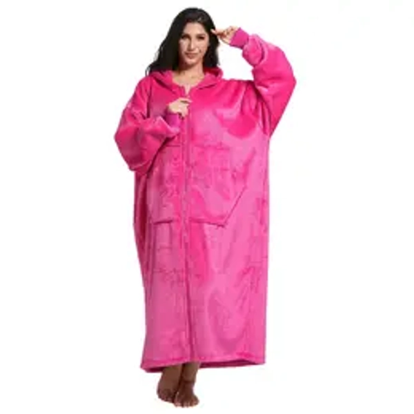 REDESS Flannel Sherpa Lined Pajamas Unisex Long Hooded Robe Zipper Front With Pockets Thick Warm for Fall Winter Nightwear Womenswear Loungewear Gowns Homewear