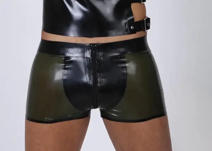 Shorts de látex masculino com frente tipo bolsa