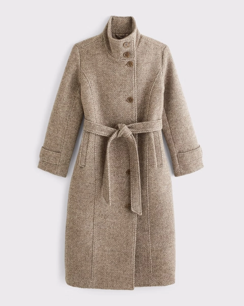 Wool-Blend Funnel-Neck Long Coat