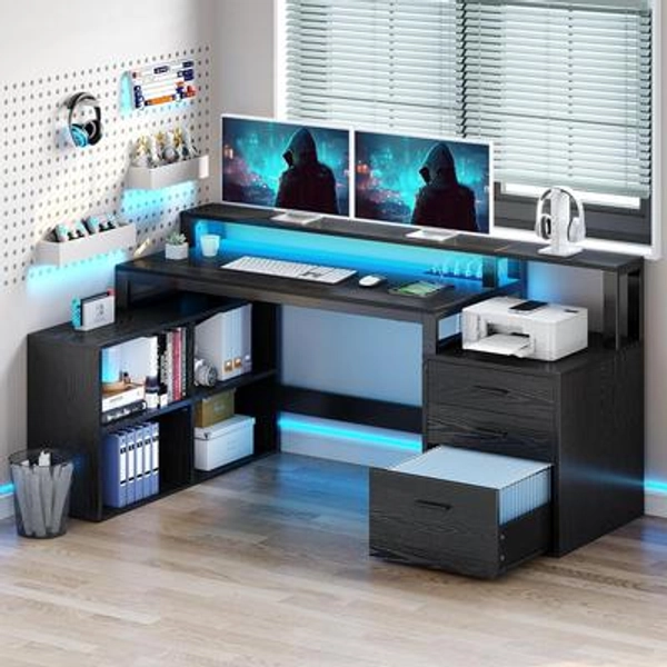 Moasis L Shaped Desk LED 65 Inch Computer Corner Desk with Monitor Stand and Storage Cabinet