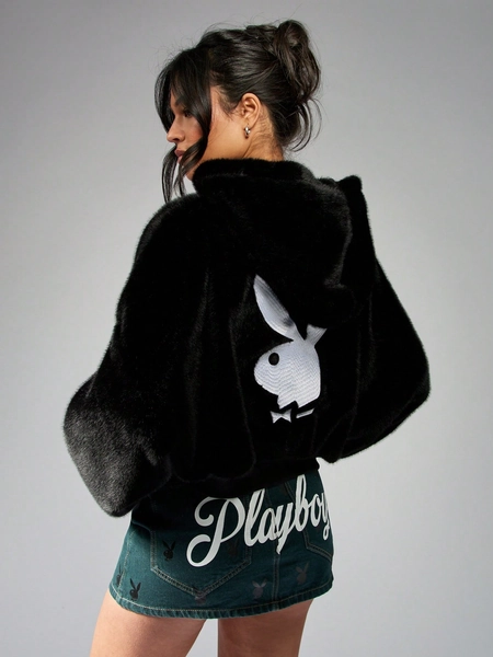 Missguided x Playboy Fur Logo Oversized Hooded Jacket
