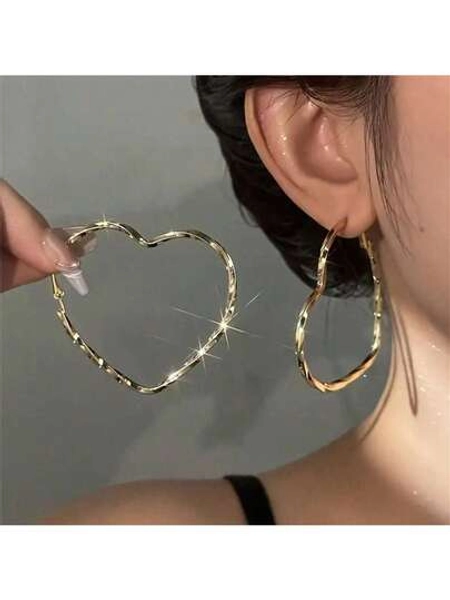 1 Pair Elegant Minimalist Heart Shaped Gold Color Pendant Earrings, Fashionable Statement Jewelry Halloween Valentine's Day Valentines