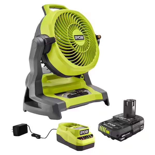 RYOBI ONE+ 18V Cordless 7-1/2 in. Bucket Top Misting Fan with 2.0 Ah Compact Battery and Charger Starter Kit PCL851B-PSK005