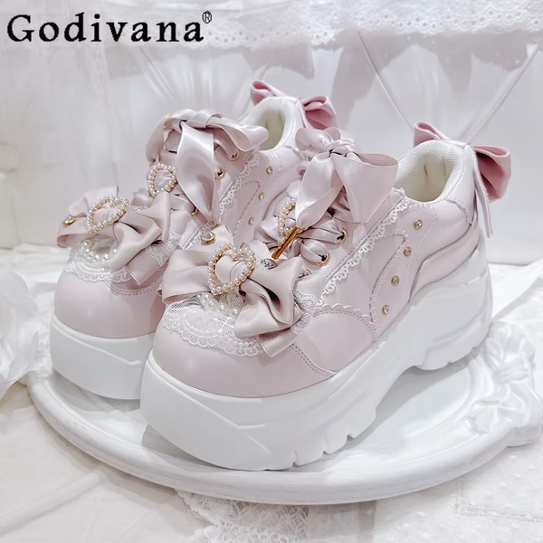 Original Mine Mass-Produced Pink Lolita Platform Shoes Spring and Autumn New Girls' Sweet Bow Lace-Up Waterproof High Heel Pumps - AliExpress 322