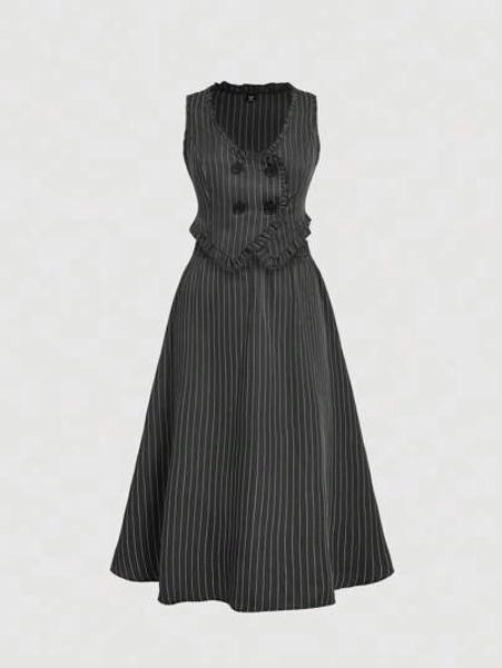 SHEIN MOD 2pcs Set Olive Green Vertical Stripe Retro Style Sleeveless Top & Maxi Skirt, Plus Size