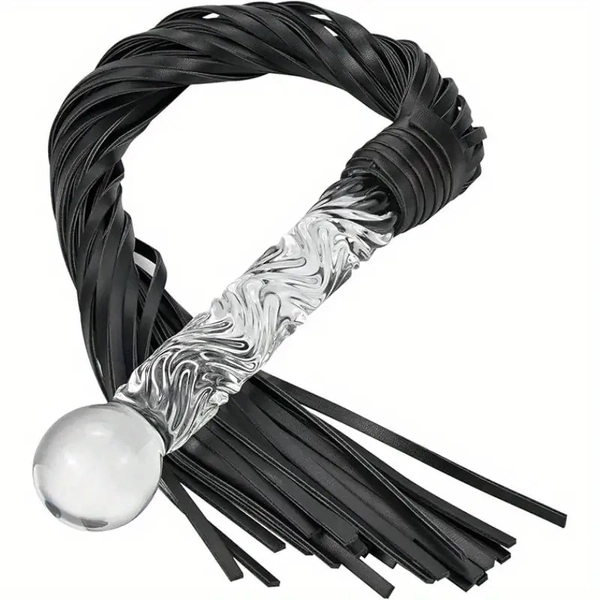 Romi Fun Leather Whip with Glass Pleasure Rod- Fashionable Black and Silvery Design, Suitable for SM, Anal Sex, or Masturbation Adult Toy| Elegant whip-style appearance| Smooth surface, Anal Play Tool, Bondage Accessory, Adult Pleasure Device, Sensation Whip, Smooth Surface Design, Black Silvery Finish, Premium Feel, Glass Pleasure Tip, Bdsm Enthusiasts, Couples Play, Sm Sessions