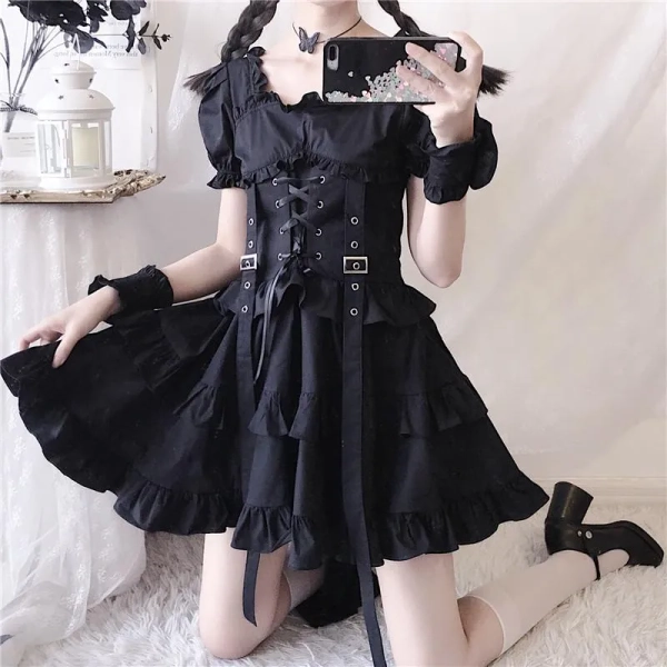 Ruffle Lace Up Buckle Gothic Sweet Dress
