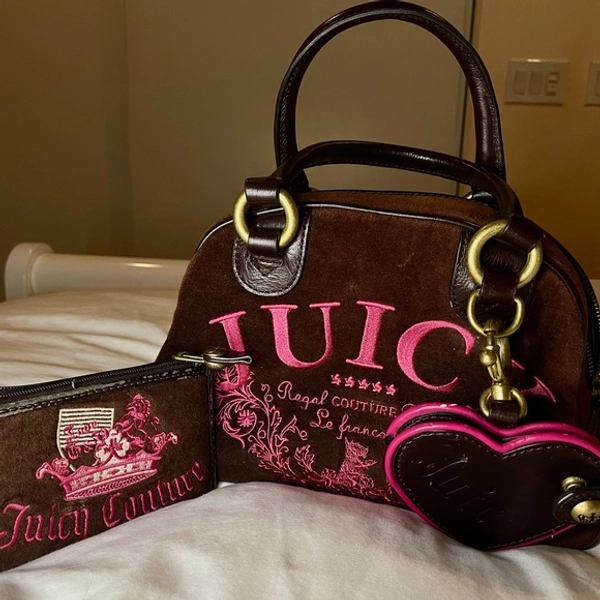 Juicy Couture Y2K RARE Vintage Brown Bowler Bag w/ Matching Cardholder Wallet Set