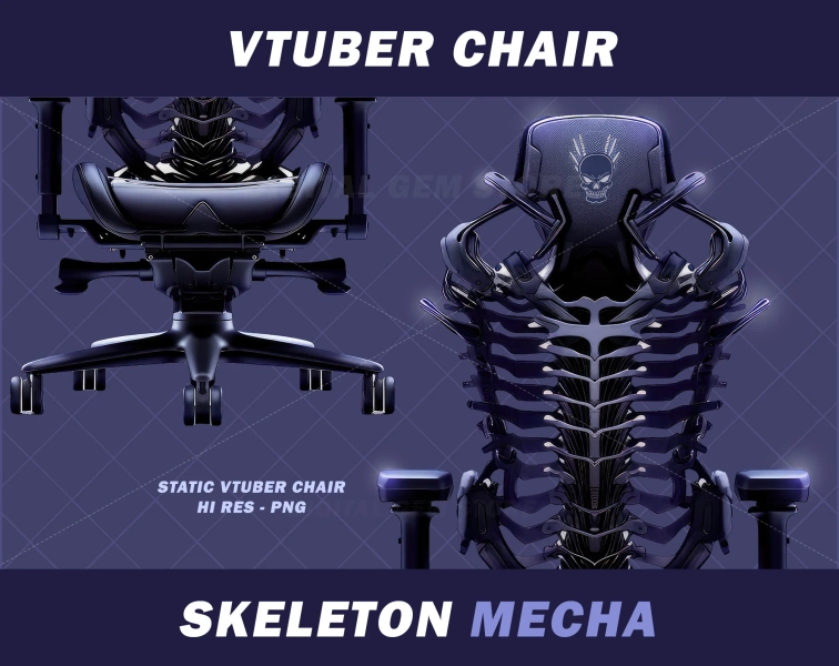 1x Halloween Vtuber Gaming Chair, Black Skeleton Mecha, assets,  VTuber, Horror, black metal, vtube