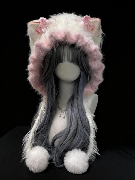 Handmade Kawaii Cat Ear Hood | Pink Furry Plush Hat with Pompoms