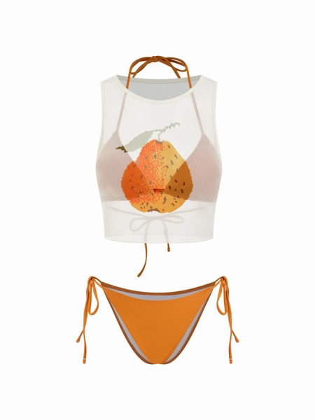 Knotted Triangle Tie Side Bikini Set & Flower Cover Up Top