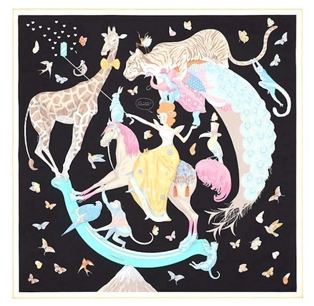 Hermes Story Scarf Stole Jonathan Burton Black Animal Silk Auth New Box 90 cm 