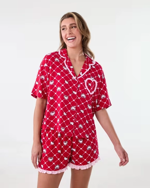 Kitt Heart Hello Kitty License Frill Short Sleeve Top and Shorts Woven Boxy Pyjama Set