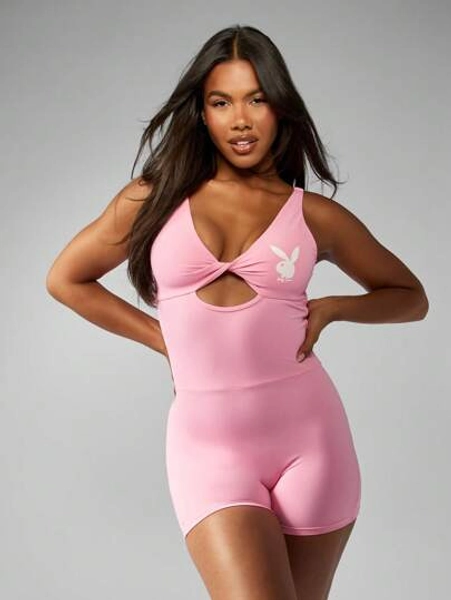 Missguided x Playboy Performance Unitard Shorts Bodysuit Athletic Sports Training Dance Competition Workout Activewear Cross Front Keyhole Design