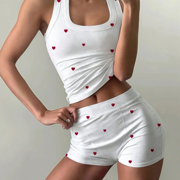 [2pcs Pajama Set] Women's 2pcs Pajama Set - Nightgown & Shorts with Heart Print & Contrast White Piping Trim, Sleeveless Round Neck Short Sleeve Pajamas with Ruffled Hem & Leg Opening - Machine Washable Sleepwear for Women (Spring/Summer/Fall) - Black & Red Pajamas with White Hearts, Solid Black Shorts - Adult Women's Sleepwear Set, Chic & Comfortable Nightgown & Matching Shorts, No Lining, Smooth Fit, Womens Pajama, Cute Nightwear For Women, Sleepwear Women Plus Size