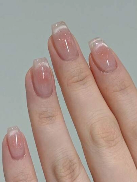 24Pcs Cat Eyes Press On Nails French Tip Press On Nails Medium Coffin With Blush French Decoration Minimalist Style Glossy Full Cover Fake Nails For Women And Girls Daily Wear Nail Supplies Nails