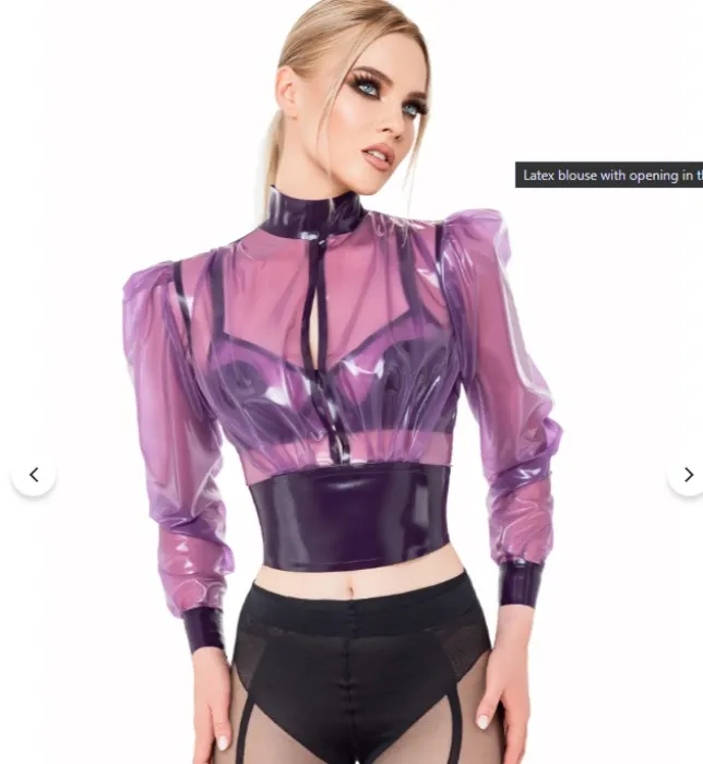 Latex blouse with puff sleeves and chest opening