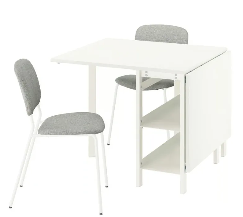 VIHALS / VIHALS Table and 2 chairs - gateleg table white/white Tibbleby beige-grey 39/95/151x90 cm (15 3/8/37 3/8/59 1/2x35 3/8 ")