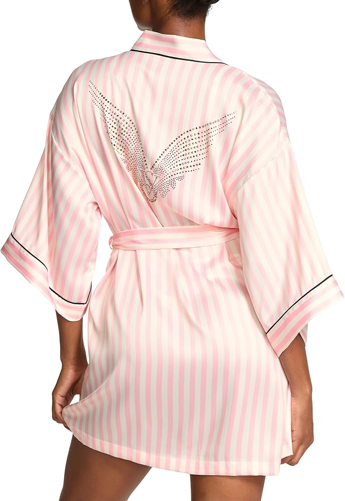 Victoria's Secret Angel Essentials Backstage Satin Sparkle Short Robe, Iconic Stripe Fashion Show, XS/S at Amazon Women’s Clothing store