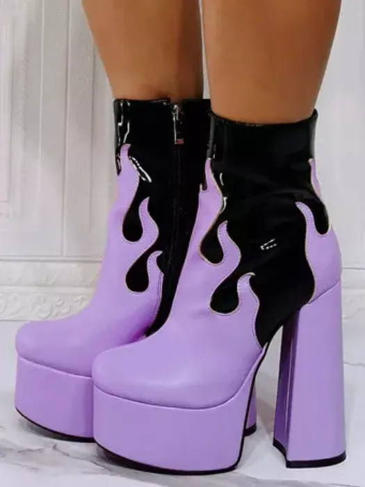 Bottines à Talons Hauts avec Plateforme Femme avec Bout Rond en Cuir Synthétique Bicolores