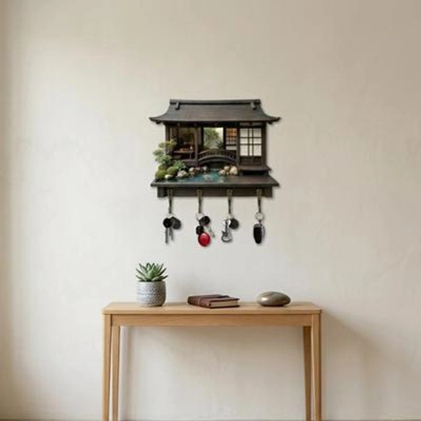 Retro Japanese Key Holder Wall Decor | 2D Printed Wooden Key Rack, 4 Hooks