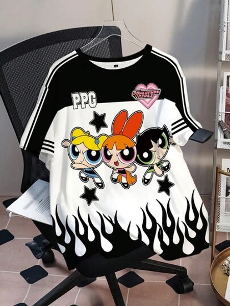 THE POWERPUFF GIRLS X SHEIN T-shirt à manches courtes col rond, grande taille, style décontracté d'été avec motif blocs de couleurs de fleurs, bulles et boutons d'or