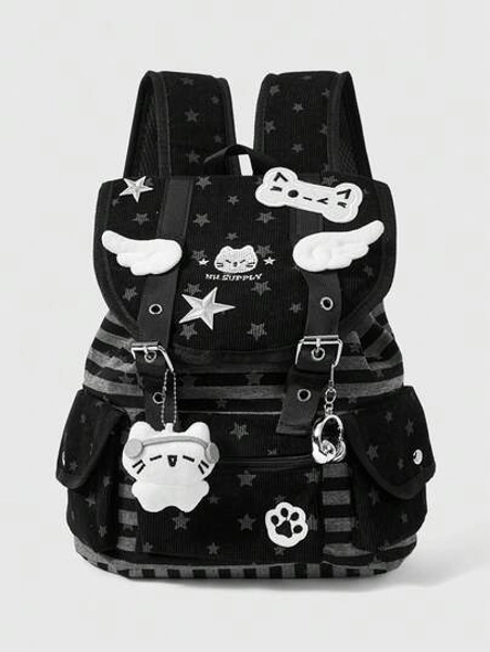 Grunge Punk 1 pieza Mochila grande de estilo universitario punk con diseño decorativo de alas de estrella, pata de gato y bolsillos múltiples a rayas, de color negro, de moda y casual, unisex, adecuada para ir al trabajo, la escuela, de vacaciones y otros artículos a juego